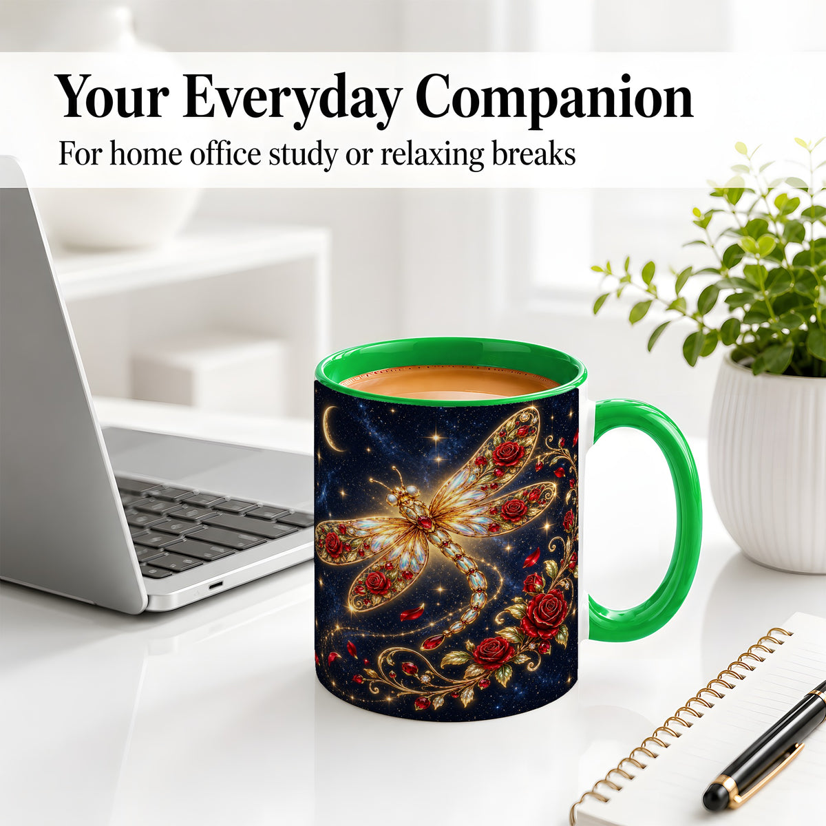 #pl[11oz|Green] Rose Dragonfly Ceramic Mug, Mug with Celestial Floral Artwork