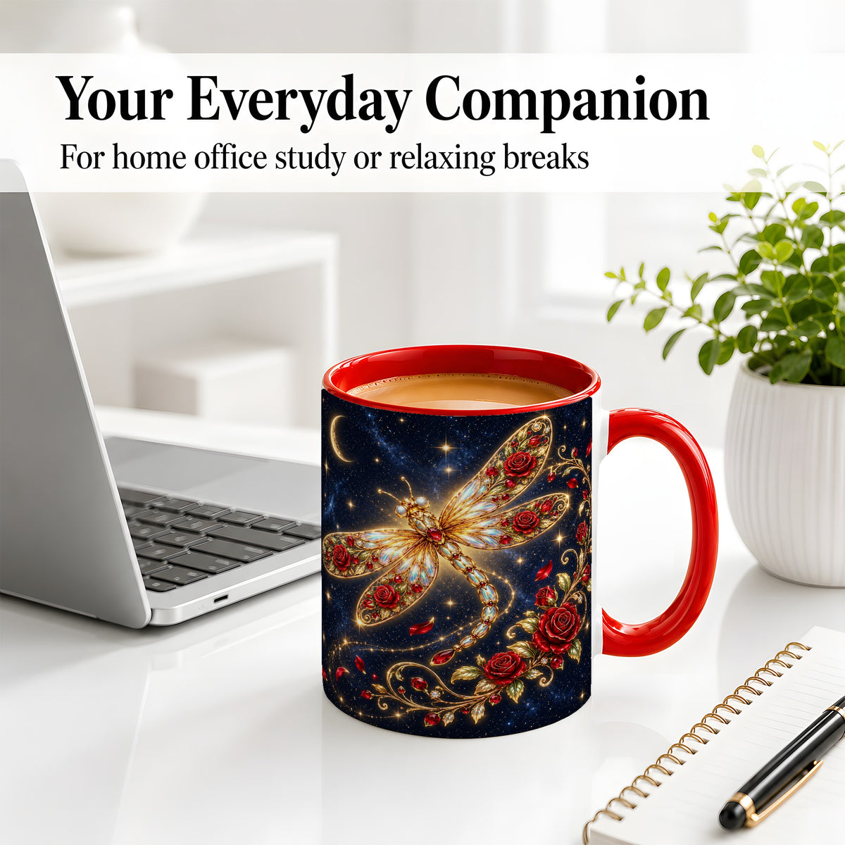#pl[11oz|Red] Rose Dragonfly Ceramic Mug, Mug with Celestial Floral Artwork