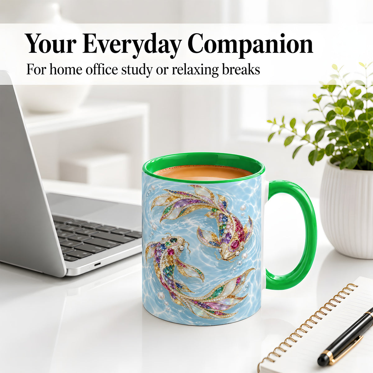 #pl[11oz|Green] Jewel Style Koi Fish Ceramic Mug, Mug with Colorful Water Artwork