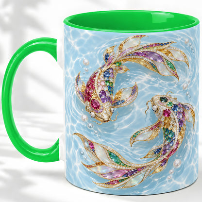 #pl[11oz|Green] Jewel Style Koi Fish Ceramic Mug, Mug with Colorful Water Artwork