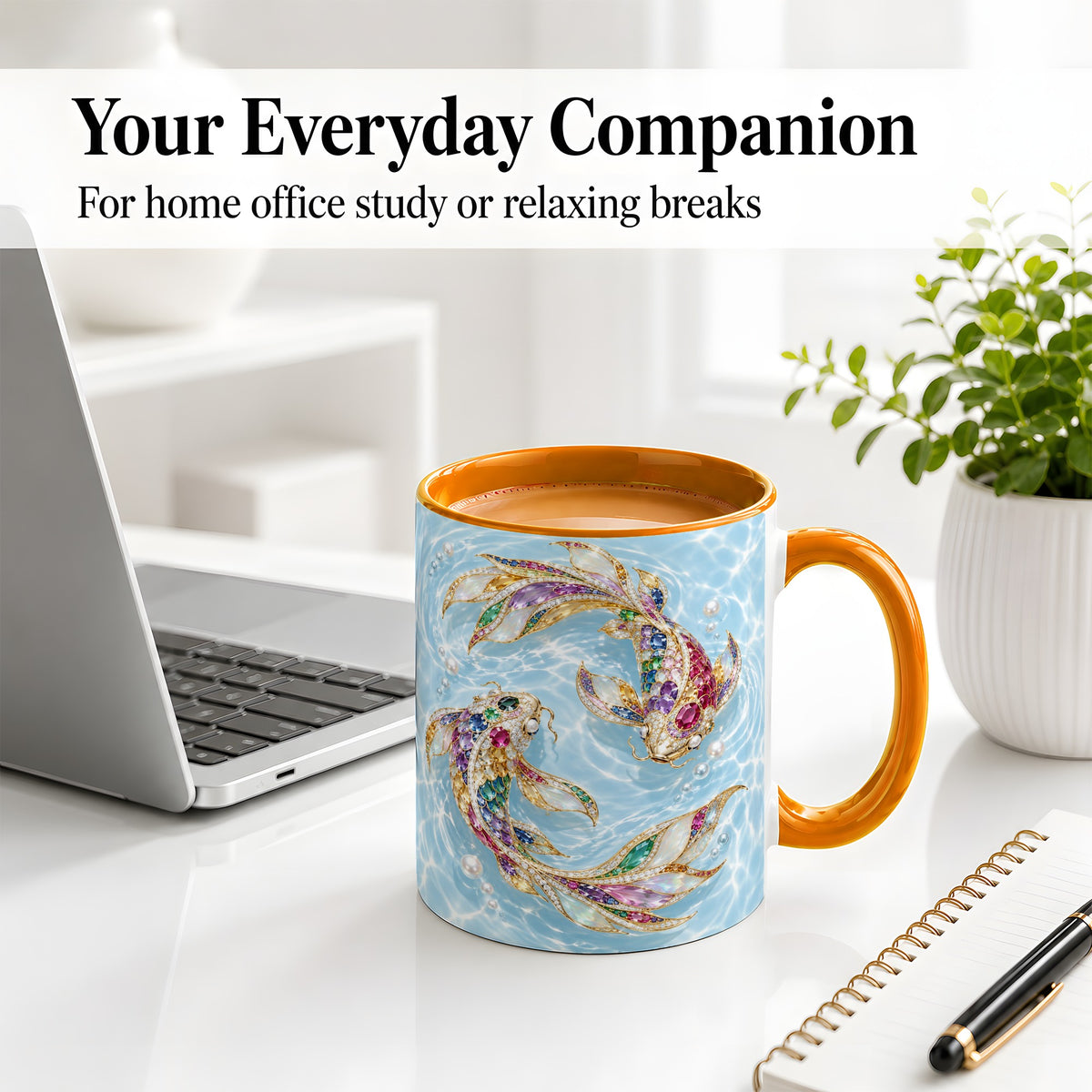 #pl[11oz|Orange] Jewel Style Koi Fish Ceramic Mug, Mug with Colorful Water Artwork