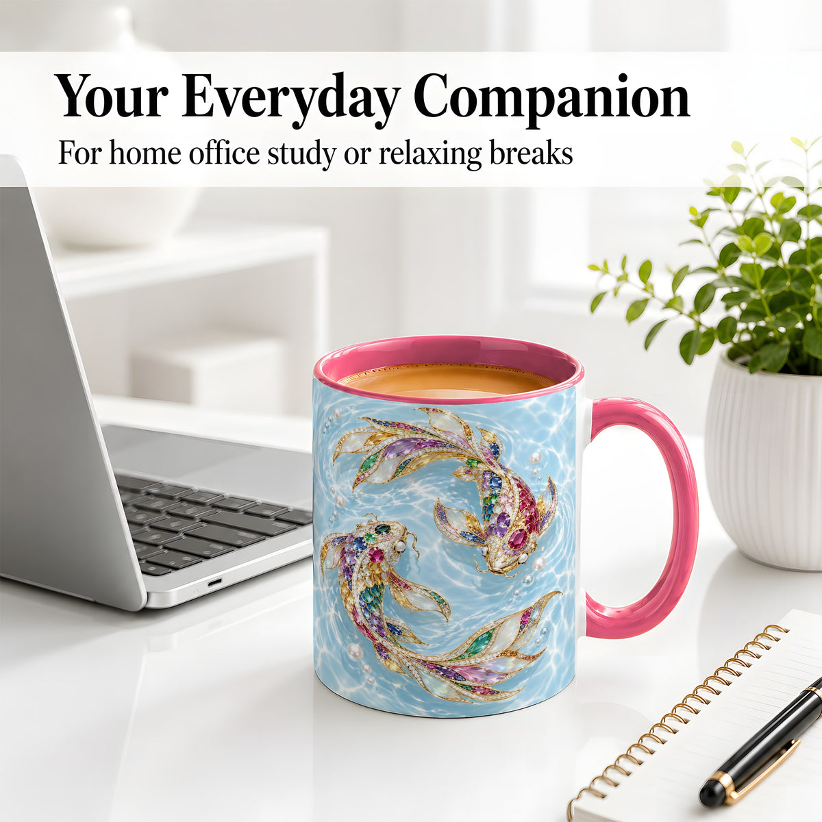 #pl[11oz|Pink] Jewel Style Koi Fish Ceramic Mug, Mug with Colorful Water Artwork
