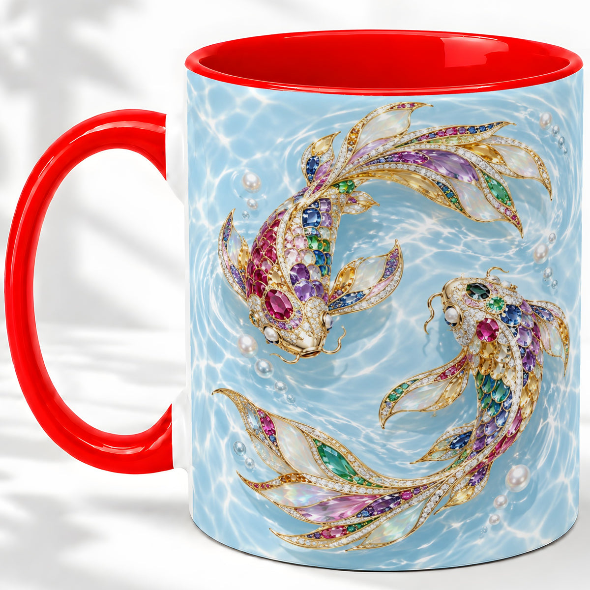 Jewel Style Koi Fish Ceramic Mug, Mug with Colorful Water Artwork