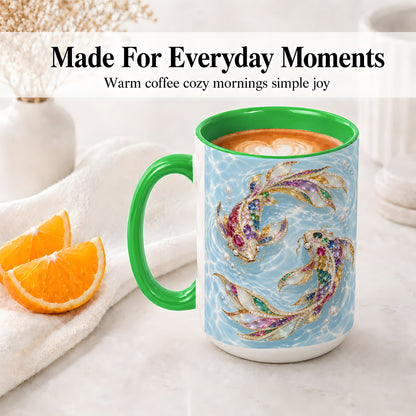 #pl[15oz|Green] Jewel Style Koi Fish Ceramic Mug, Mug with Colorful Water Artwork