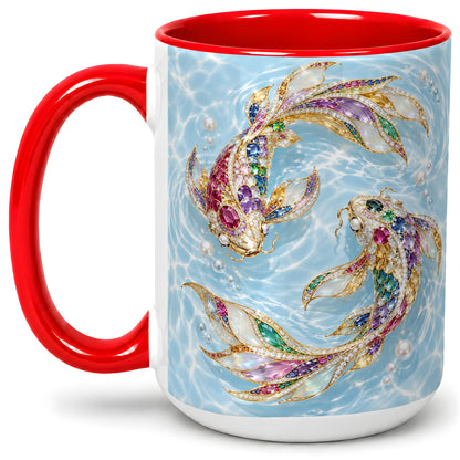 #pl[15oz|Red] Jewel Style Koi Fish Ceramic Mug, Mug with Colorful Water Artwork