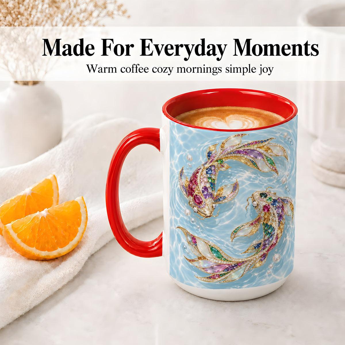 #pl[15oz|Red] Jewel Style Koi Fish Ceramic Mug, Mug with Colorful Water Artwork