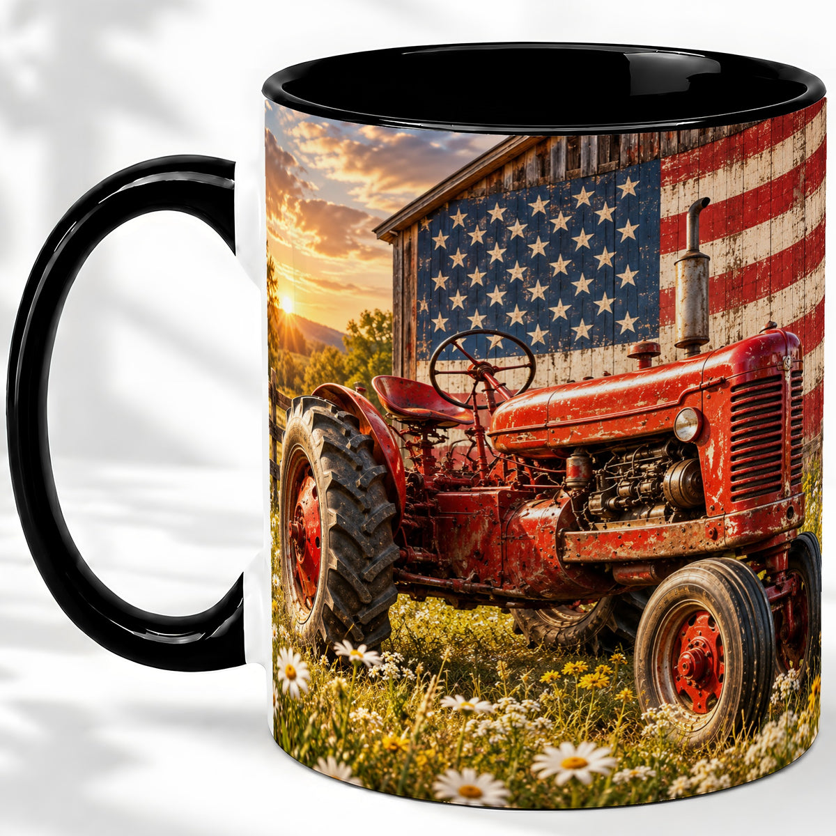 #pl[11oz|Black] Vintage Tractor Ceramic Mug, Mug with American Flag Farm Artwork