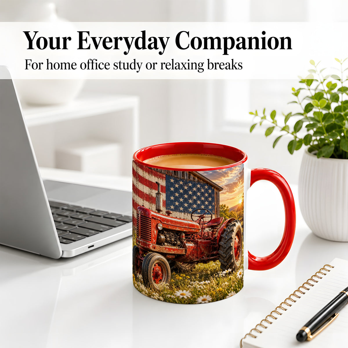 #pl[11oz|Red] Vintage Tractor Ceramic Mug, Mug with American Flag Farm Artwork