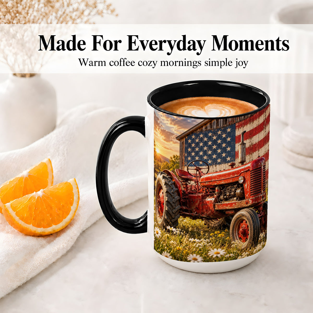 #pl[15oz|Black] Vintage Tractor Ceramic Mug, Mug with American Flag Farm Artwork