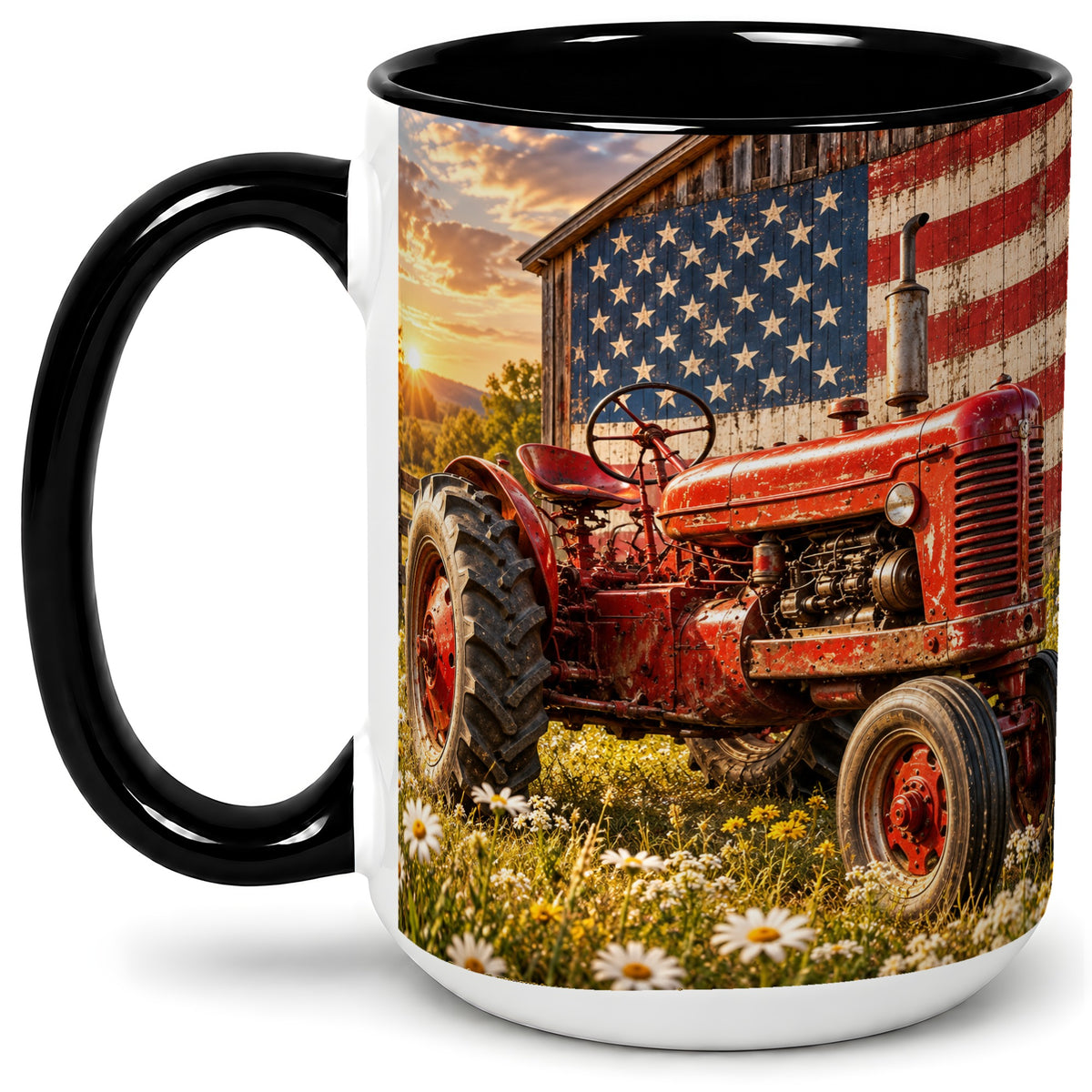#pl[15oz|Black] Vintage Tractor Ceramic Mug, Mug with American Flag Farm Artwork