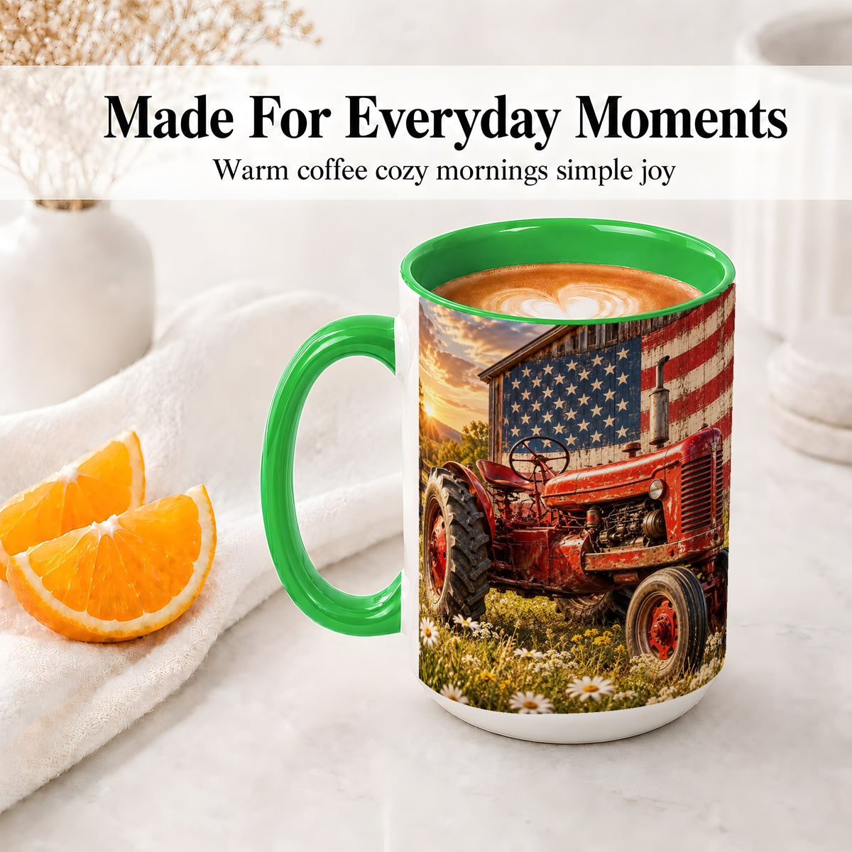 #pl[15oz|Green] Vintage Tractor Ceramic Mug, Mug with American Flag Farm Artwork