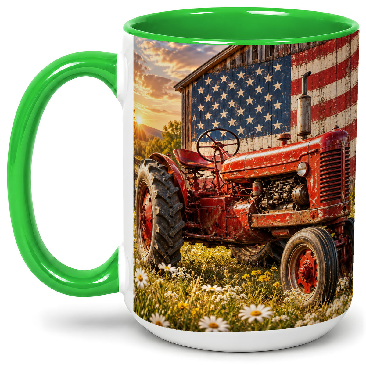 #pl[15oz|Green] Vintage Tractor Ceramic Mug, Mug with American Flag Farm Artwork