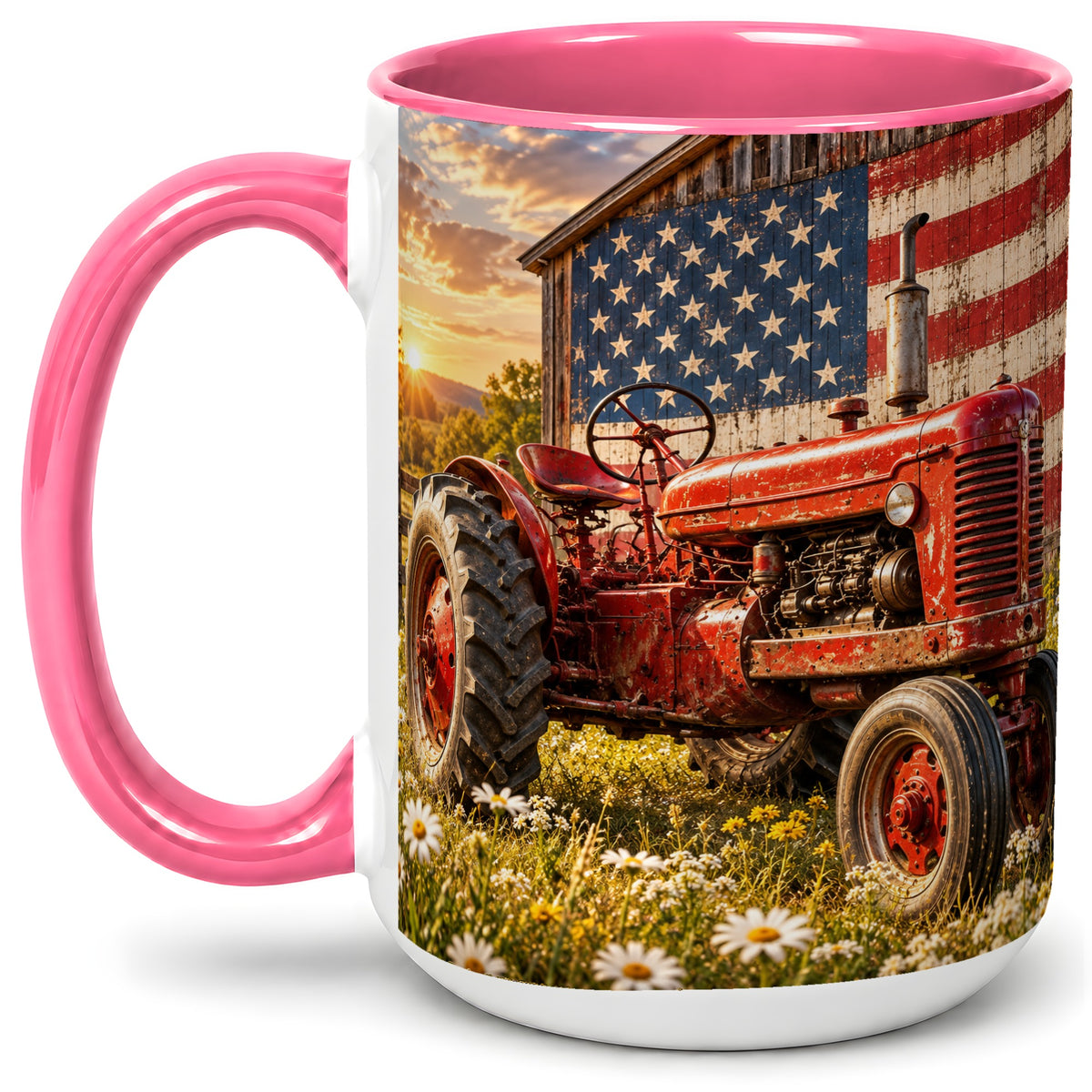 #pl[15oz|Pink] Vintage Tractor Ceramic Mug, Mug with American Flag Farm Artwork