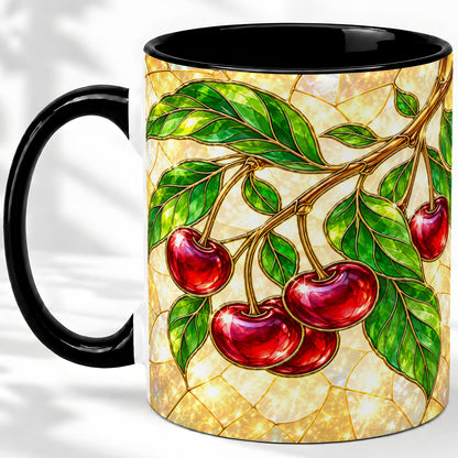 #pl[11oz|Black] Stained Glass Style Cherry Ceramic Mug, Mug with Fruit Artwork