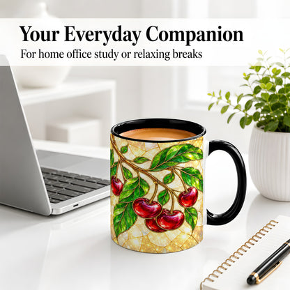 #pl[11oz|Black] Stained Glass Style Cherry Ceramic Mug, Mug with Fruit Artwork