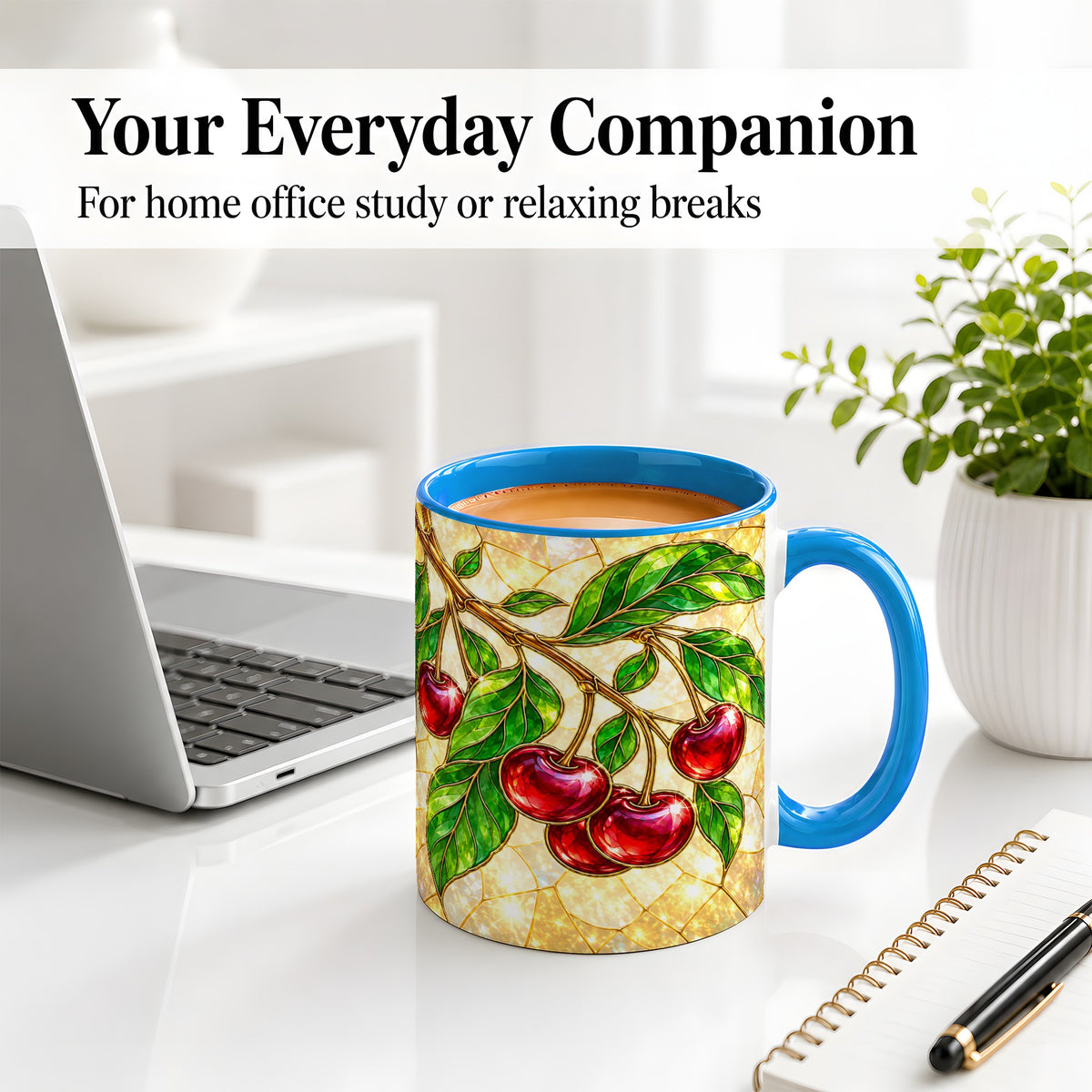#pl[11oz|Blue] Stained Glass Style Cherry Ceramic Mug, Mug with Fruit Artwork