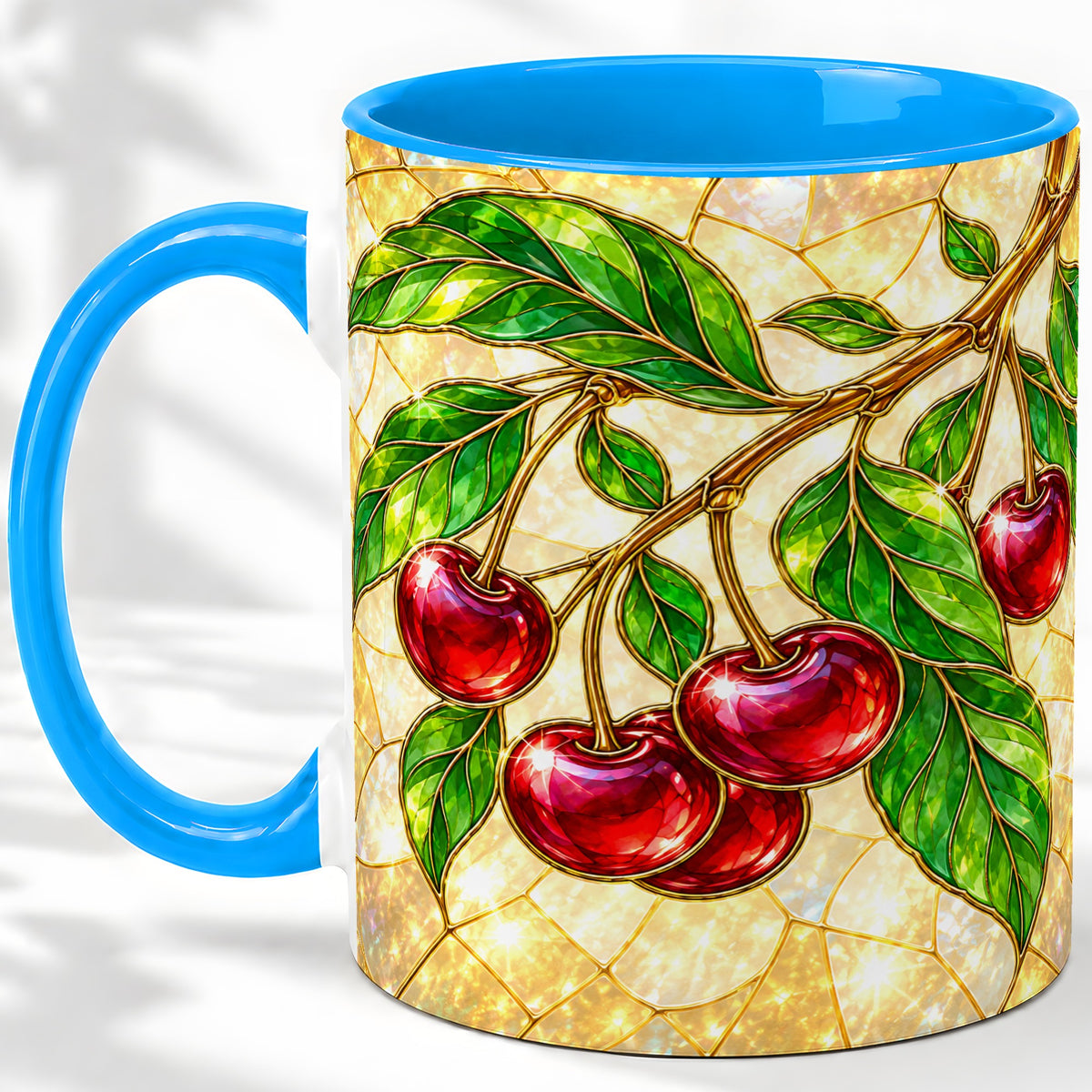 #pl[11oz|Blue] Stained Glass Style Cherry Ceramic Mug, Mug with Fruit Artwork