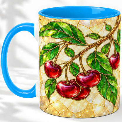 #pl[11oz|Blue] Stained Glass Style Cherry Ceramic Mug, Mug with Fruit Artwork