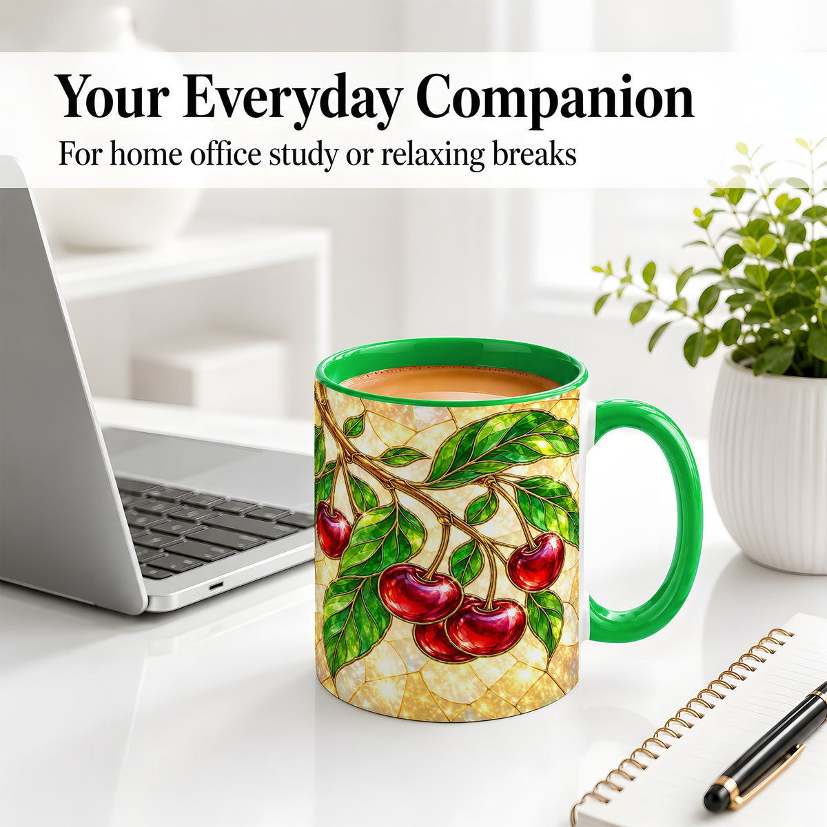 #pl[11oz|Green] Stained Glass Style Cherry Ceramic Mug, Mug with Fruit Artwork