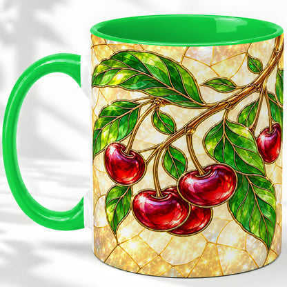 #pl[11oz|Green] Stained Glass Style Cherry Ceramic Mug, Mug with Fruit Artwork