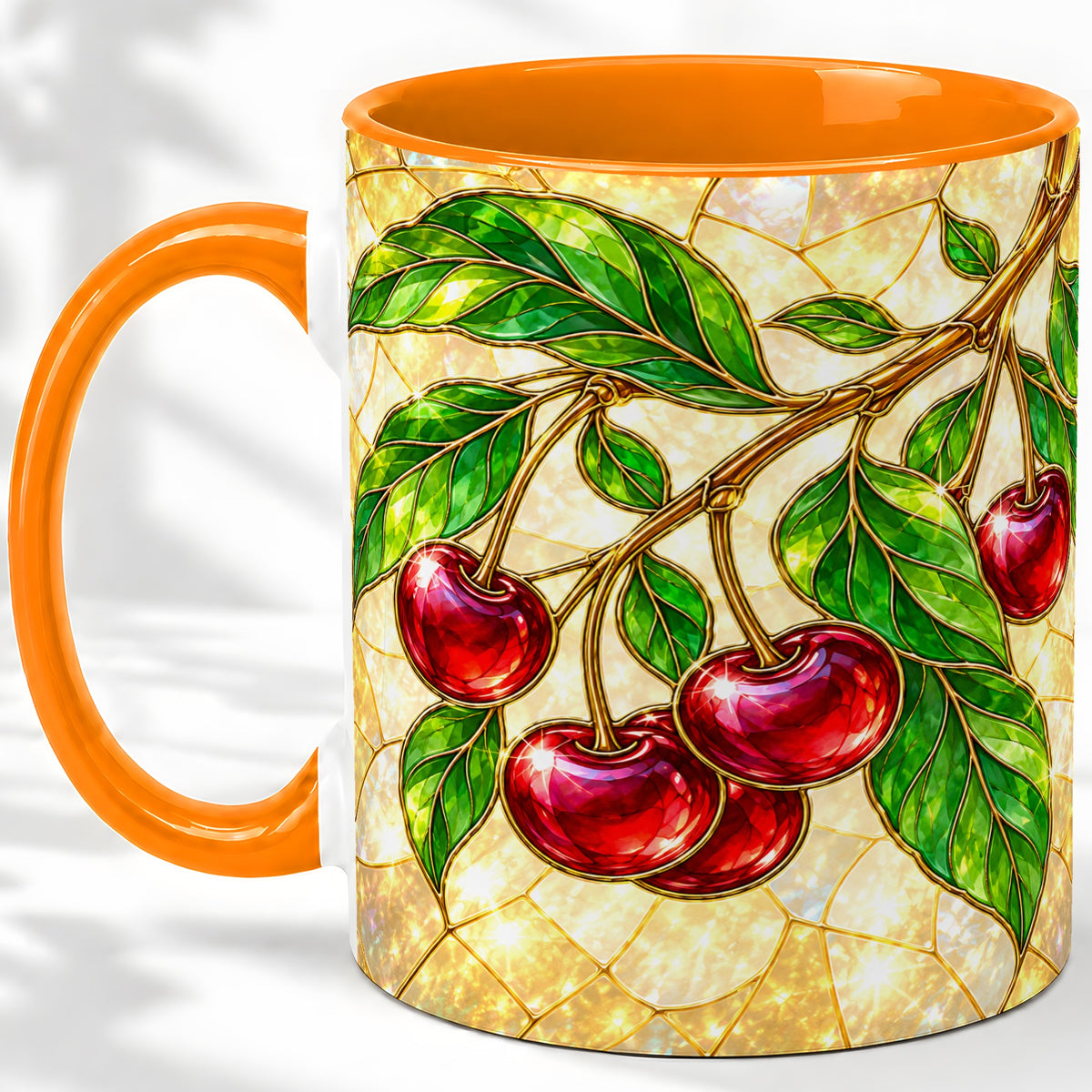 #pl[11oz|Orange] Stained Glass Style Cherry Ceramic Mug, Mug with Fruit Artwork