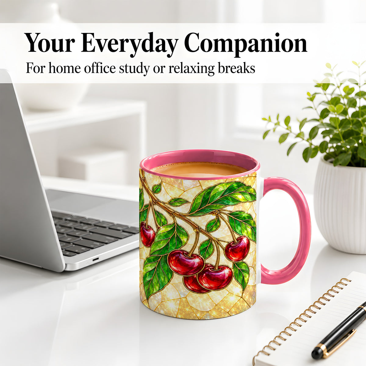 #pl[11oz|Pink] Stained Glass Style Cherry Ceramic Mug, Mug with Fruit Artwork