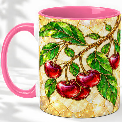 #pl[11oz|Pink] Stained Glass Style Cherry Ceramic Mug, Mug with Fruit Artwork