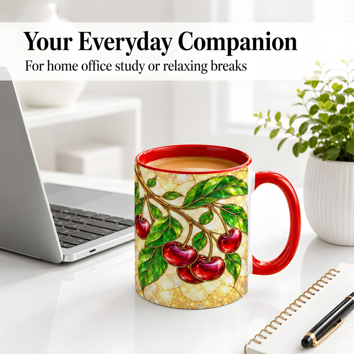 #pl[11oz|Red] Stained Glass Style Cherry Ceramic Mug, Mug with Fruit Artwork