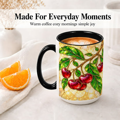 #pl[15oz|Black] Stained Glass Style Cherry Ceramic Mug, Mug with Fruit Artwork