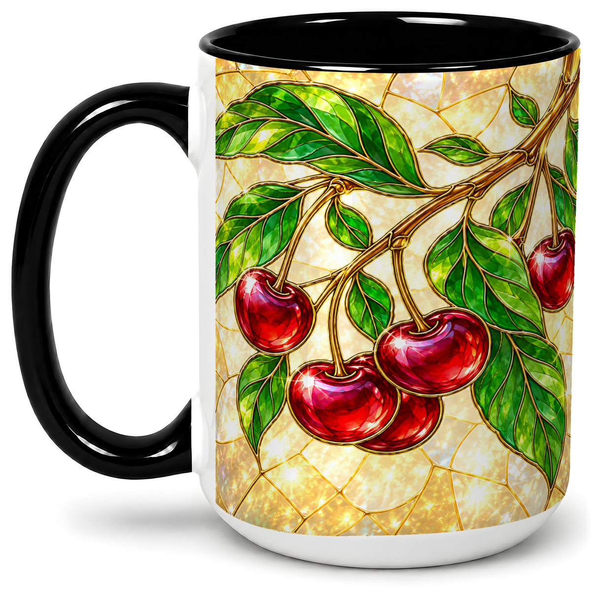 #pl[15oz|Black] Stained Glass Style Cherry Ceramic Mug, Mug with Fruit Artwork