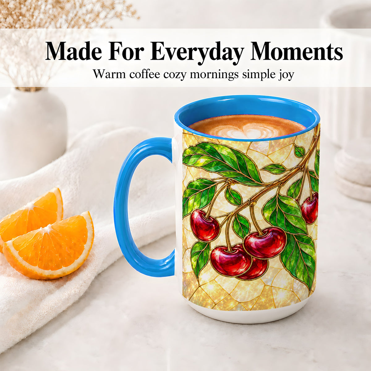 #pl[15oz|Blue] Stained Glass Style Cherry Ceramic Mug, Mug with Fruit Artwork