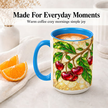 #pl[15oz|Blue] Stained Glass Style Cherry Ceramic Mug, Mug with Fruit Artwork