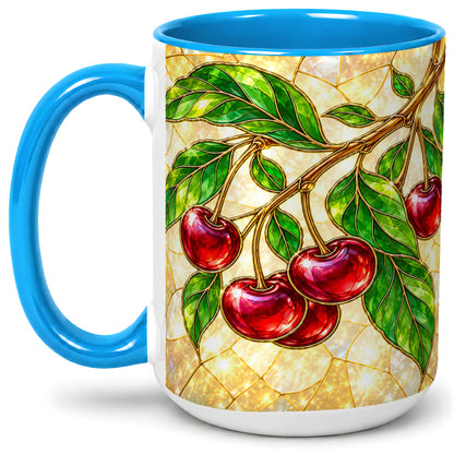 #pl[15oz|Blue] Stained Glass Style Cherry Ceramic Mug, Mug with Fruit Artwork