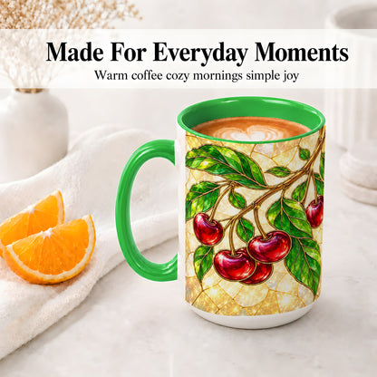 #pl[15oz|Green] Stained Glass Style Cherry Ceramic Mug, Mug with Fruit Artwork