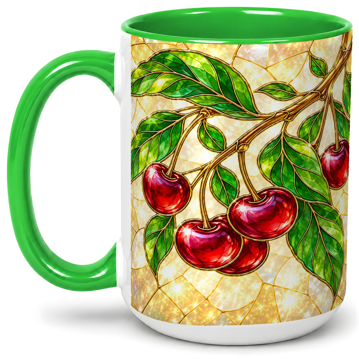 #pl[15oz|Green] Stained Glass Style Cherry Ceramic Mug, Mug with Fruit Artwork
