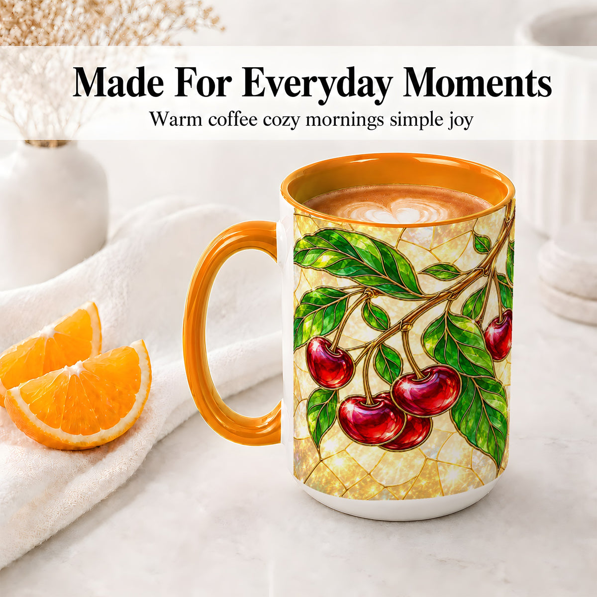 #pl[15oz|Orange] Stained Glass Style Cherry Ceramic Mug, Mug with Fruit Artwork