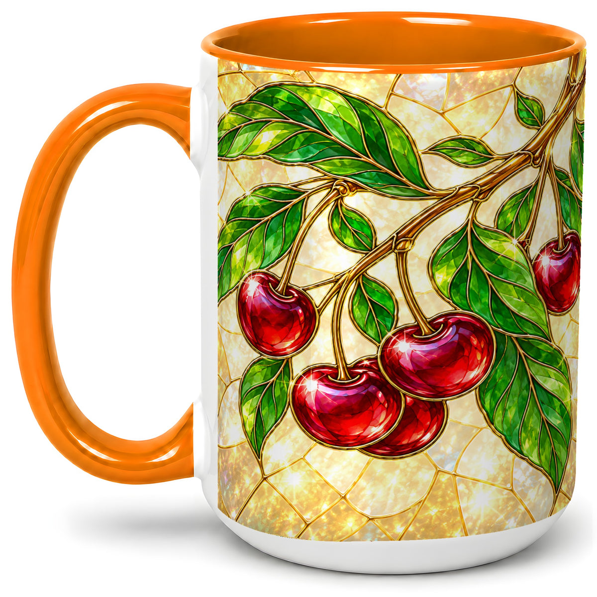 #pl[15oz|Orange] Stained Glass Style Cherry Ceramic Mug, Mug with Fruit Artwork