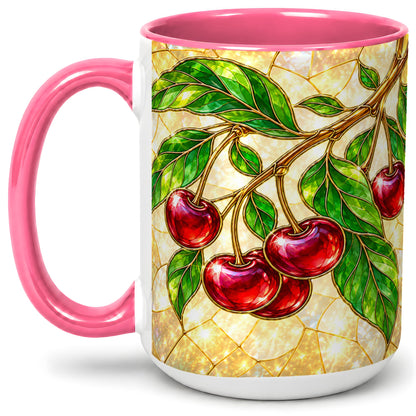 #pl[15oz|Pink] Stained Glass Style Cherry Ceramic Mug, Mug with Fruit Artwork