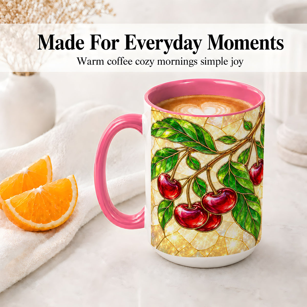 #pl[15oz|Pink] Stained Glass Style Cherry Ceramic Mug, Mug with Fruit Artwork