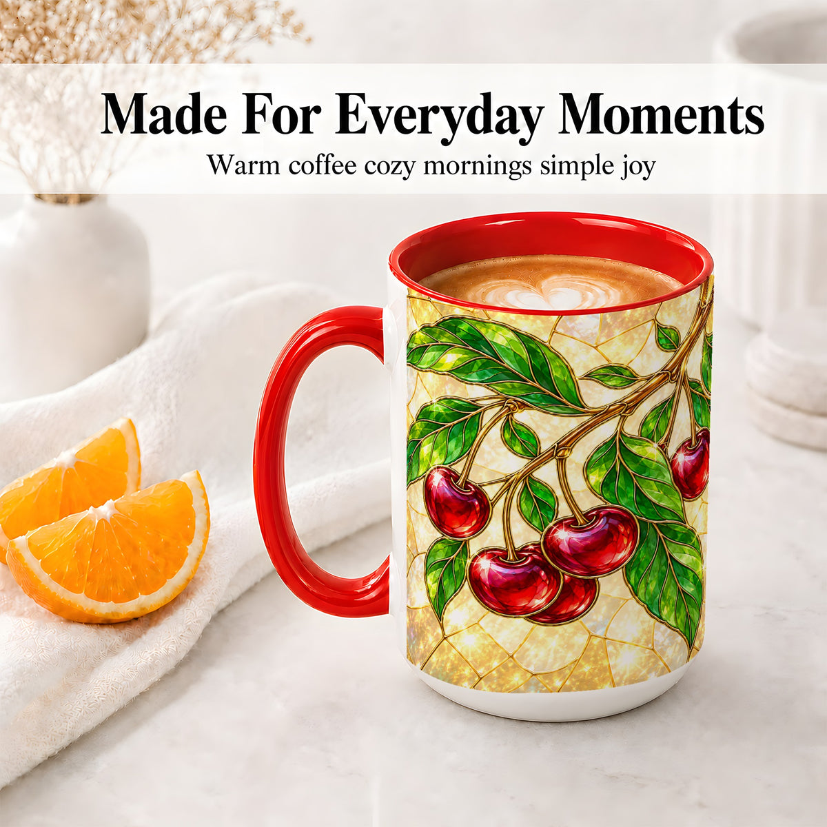 #pl[15oz|Red] Stained Glass Style Cherry Ceramic Mug, Mug with Fruit Artwork