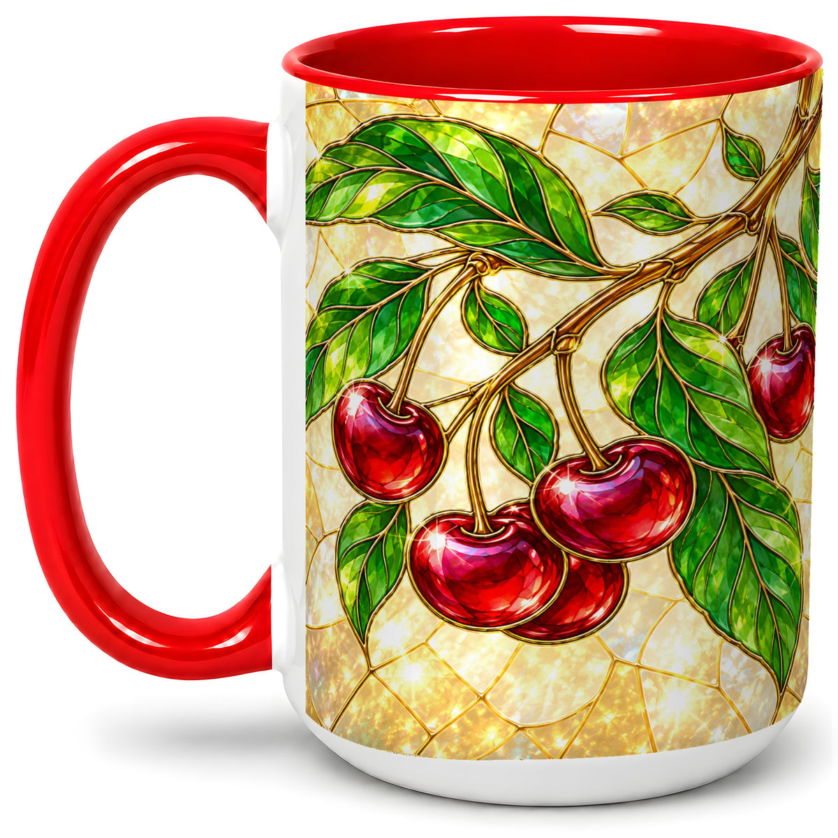 #pl[15oz|Red] Stained Glass Style Cherry Ceramic Mug, Mug with Fruit Artwork