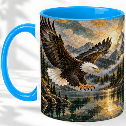 #pl[11oz|Blue] Bald Eagle Ceramic Mug, Mug with Mountain Lake Landscape Artwork