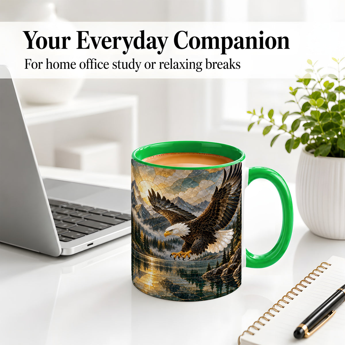 #pl[11oz|Green] Bald Eagle Ceramic Mug, Mug with Mountain Lake Landscape Artwork