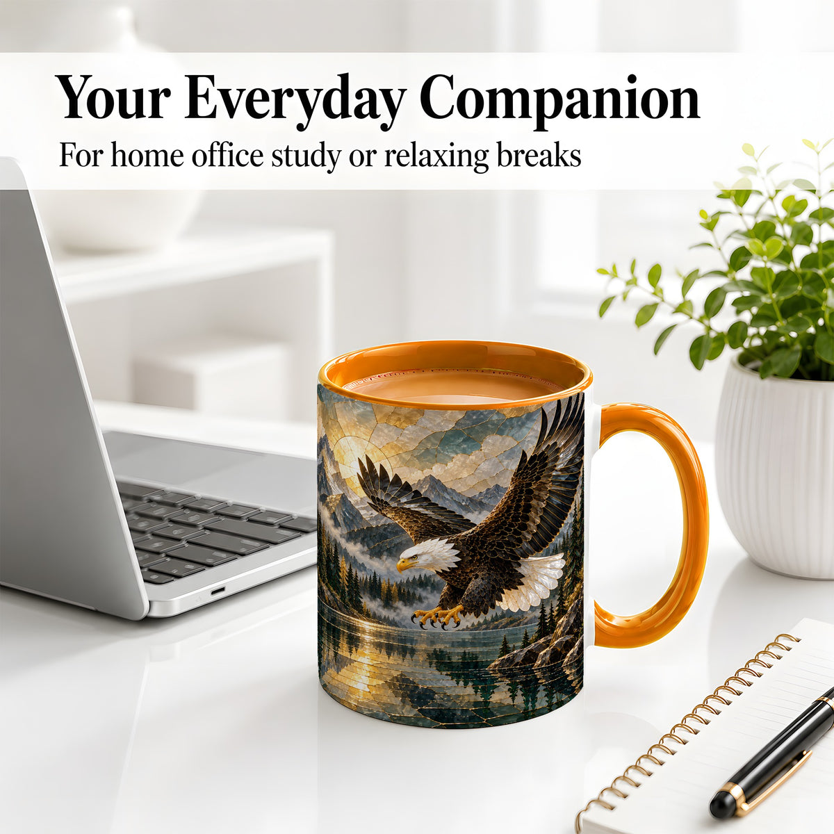 #pl[11oz|Orange] Bald Eagle Ceramic Mug, Mug with Mountain Lake Landscape Artwork
