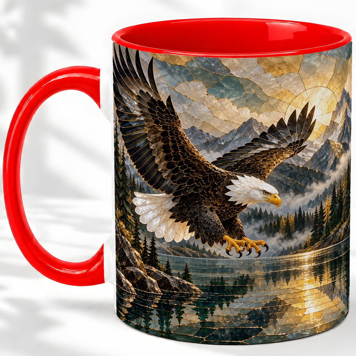 Bald Eagle Ceramic Mug, Mug with Mountain Lake Landscape Artwork