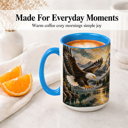 #pl[15oz|Blue] Bald Eagle Ceramic Mug, Mug with Mountain Lake Landscape Artwork