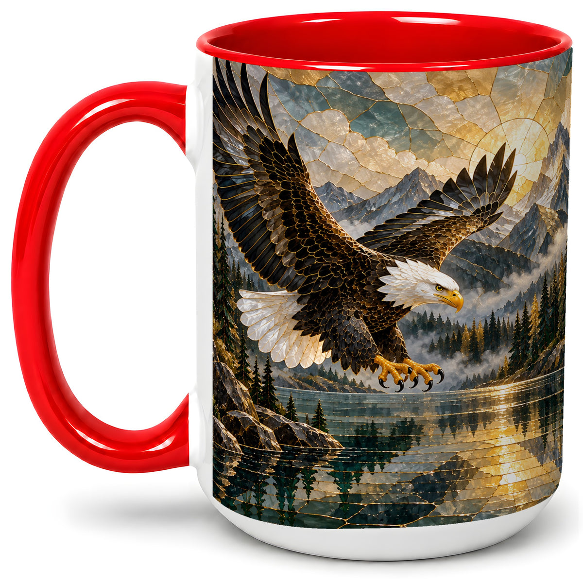 #pl[15oz|Red] Bald Eagle Ceramic Mug, Mug with Mountain Lake Landscape Artwork