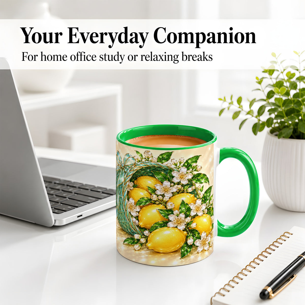 #pl[11oz|Green] Lemon Blossom Ceramic Mug, Mug with Citrus Basket Floral Artwork