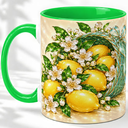 #pl[11oz|Green] Lemon Blossom Ceramic Mug, Mug with Citrus Basket Floral Artwork