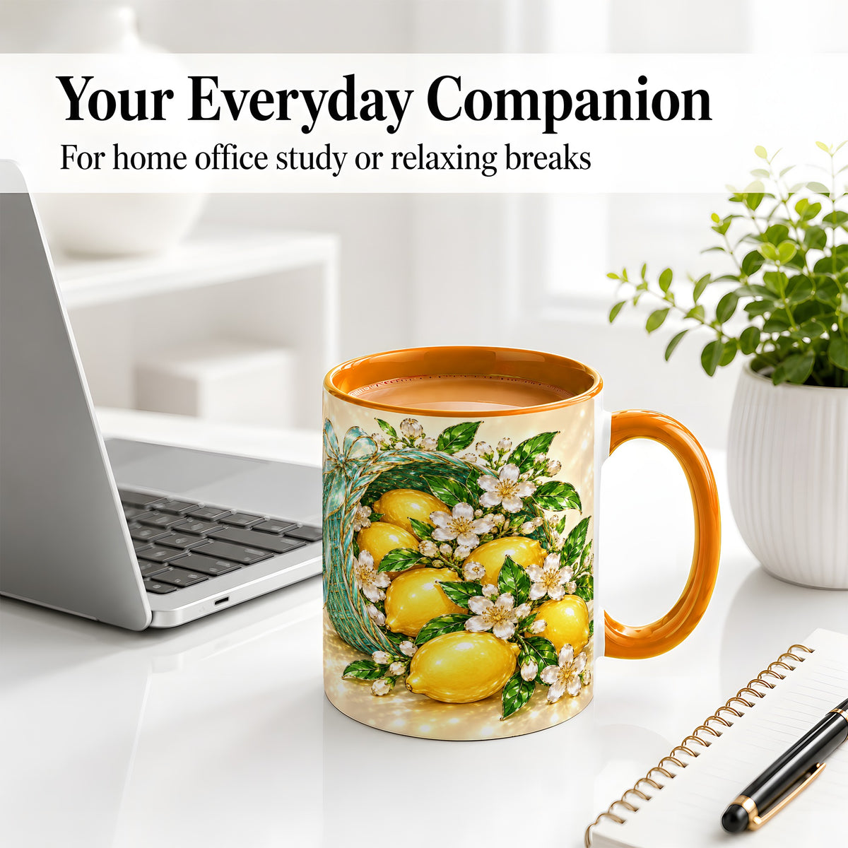 #pl[11oz|Orange] Lemon Blossom Ceramic Mug, Mug with Citrus Basket Floral Artwork